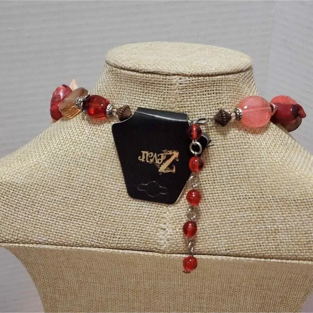 Treska Women Chunky Mixed Media Statement Necklace Red Orange Boho Sun Shell New